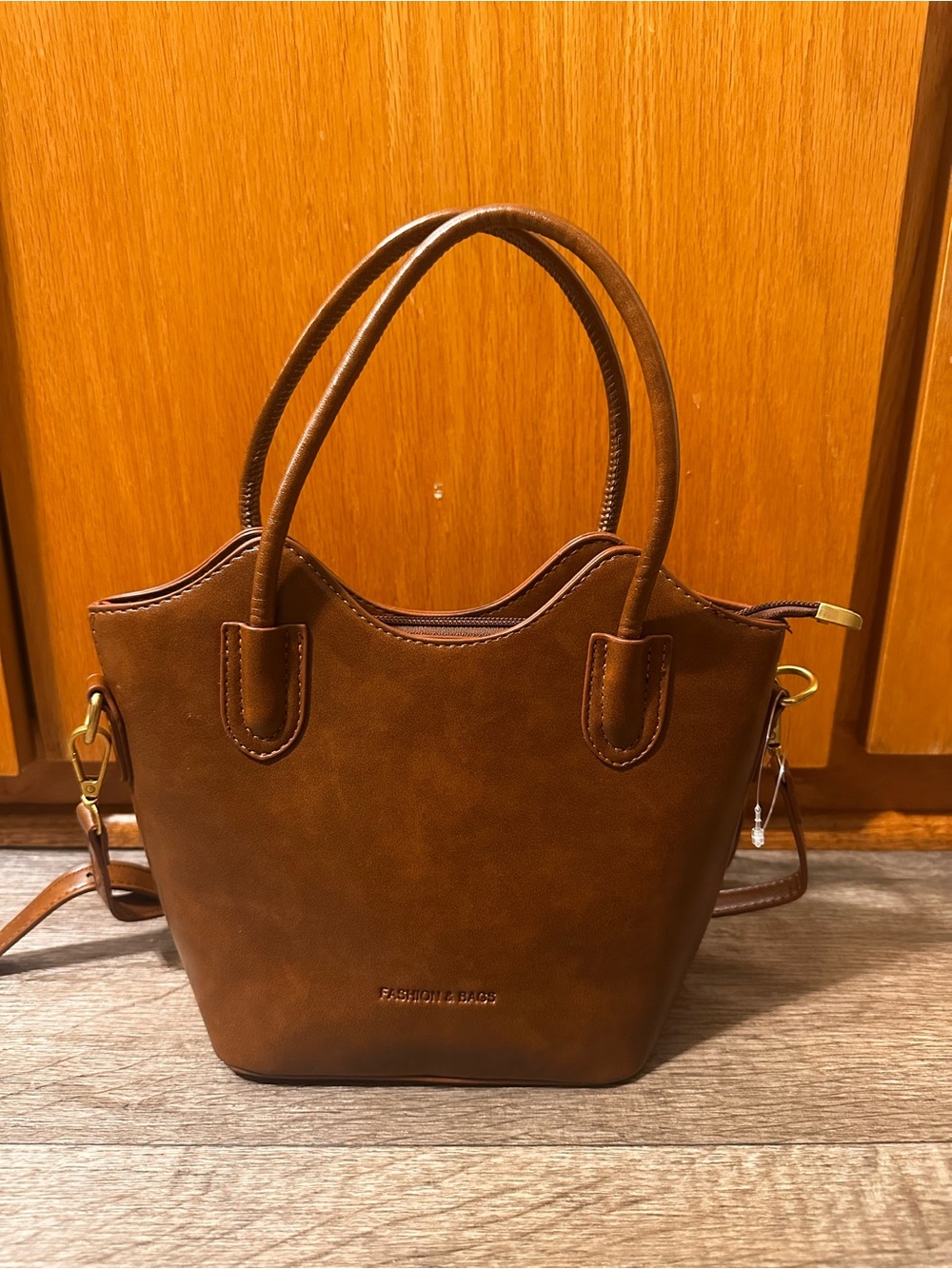 Classic Brown Faux Leather Shoulder Bag with Double Handles